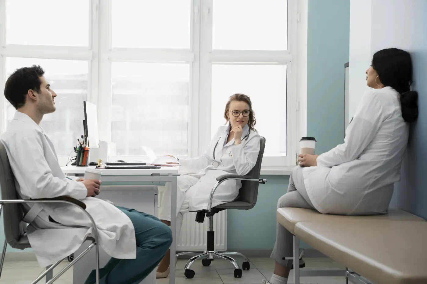 Medical team discussing patient care in a wellness clinic
